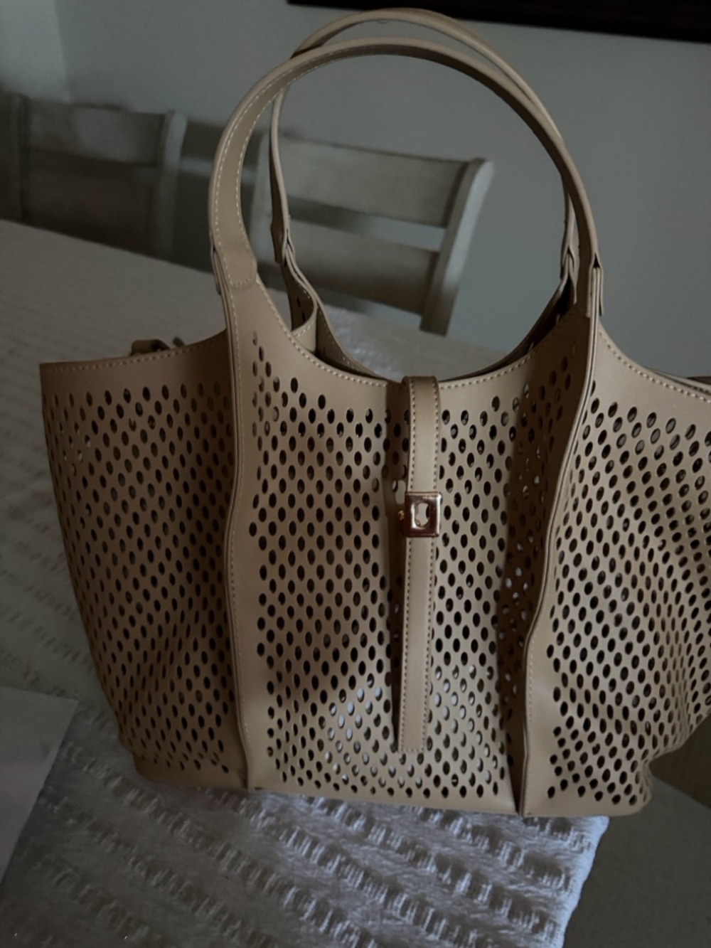 Perforated Beige Tote Bag with Top Handles